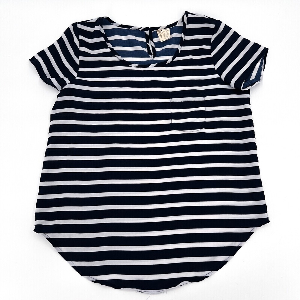 Japna Shirt Womens Large Navy White Striped Blouse Short Sleeve Pocket - Picture 1 of 8
